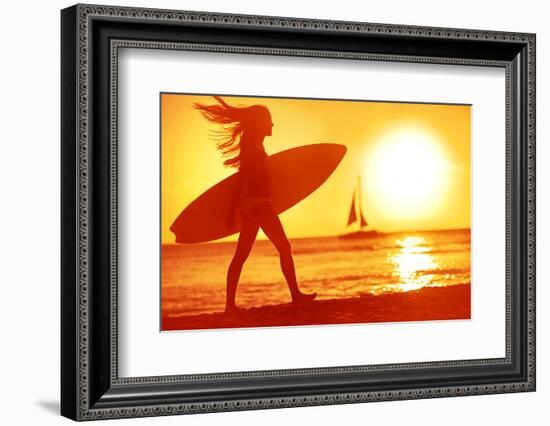 Surfing Surfer Woman Babe Beach Fun at Sunset. Girl Walking in Sunshine in Warm Evening Sun Holding-Maridav-Framed Photographic Print