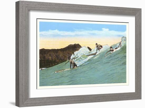 Surfing with Cliffs in Background-null-Framed Art Print