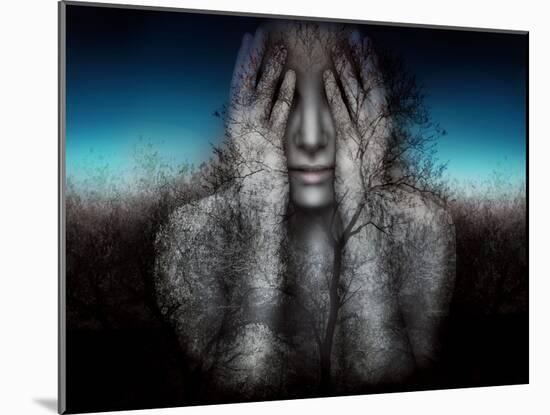 Surreal and Artistic Image of a Girl Who Covers Her Eyes with Her Hands on a Background of Trees An-Valentina Photos-Mounted Photographic Print