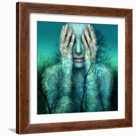 Surreal and Artistic Image of a Girl Who Covers Her Eyes with Her Hands on a Background of Trees An-Valentina Photos-Framed Photographic Print