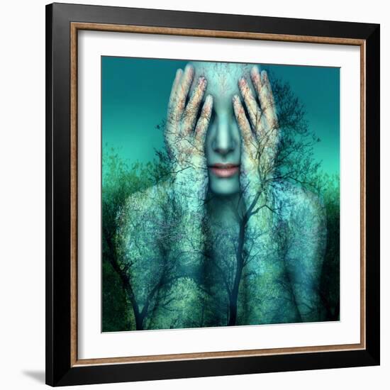 Surreal and Artistic Image of a Girl Who Covers Her Eyes with Her Hands on a Background of Trees An-Valentina Photos-Framed Photographic Print