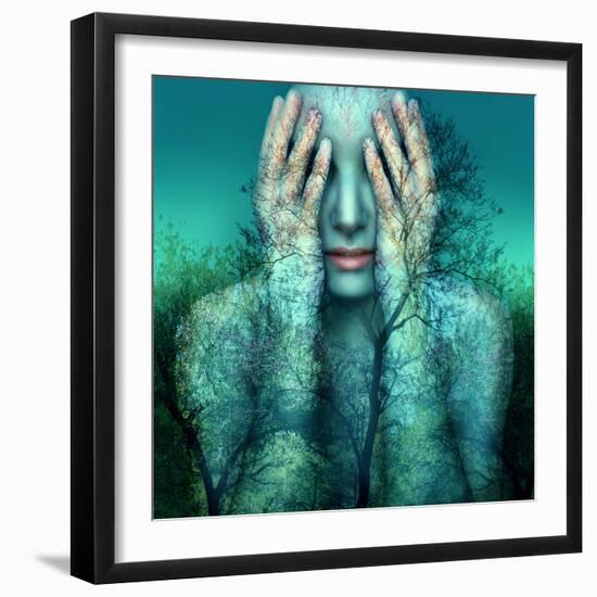 Surreal and Artistic Image of a Girl Who Covers Her Eyes with Her Hands on a Background of Trees An-Valentina Photos-Framed Photographic Print