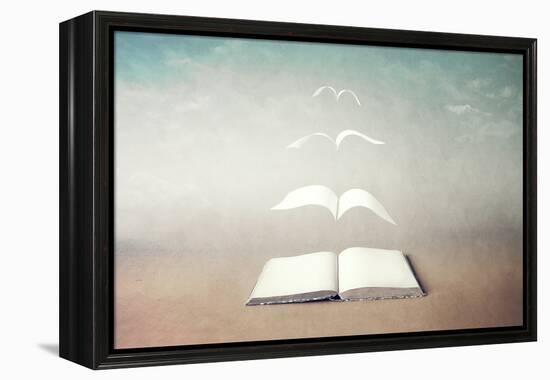 surreal book concept pages flying out of book-Francesco Chiesa-Framed Stretched Canvas