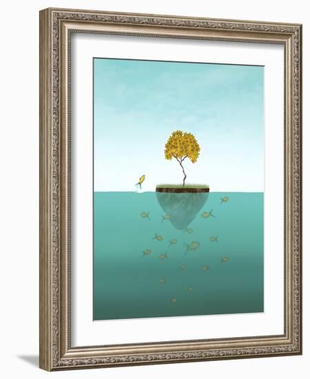 Surreal Illustration of a Little Island with a Tree and Many Fishes Underwater and One of Them Jump-Valentina Photos-Framed Art Print