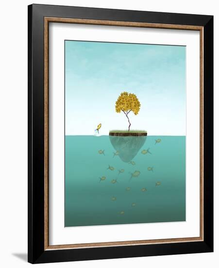 Surreal Illustration of a Little Island with a Tree and Many Fishes Underwater and One of Them Jump-Valentina Photos-Framed Art Print