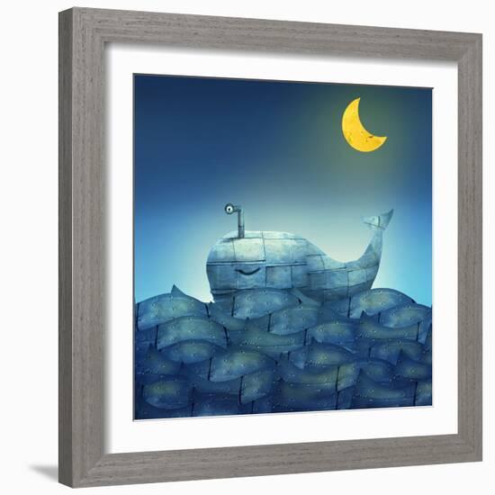 Surreal Illustration of a Mechanical Whale, like Submarine, in the Ocean with a Half Moon-Valentina Photos-Framed Art Print