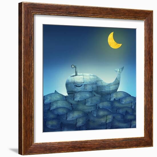 Surreal Illustration of a Mechanical Whale, like Submarine, in the Ocean with a Half Moon-Valentina Photos-Framed Art Print