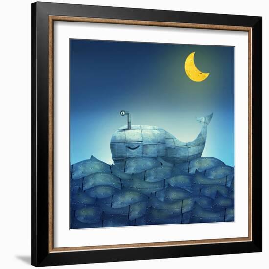 Surreal Illustration of a Mechanical Whale, like Submarine, in the Ocean with a Half Moon-Valentina Photos-Framed Art Print