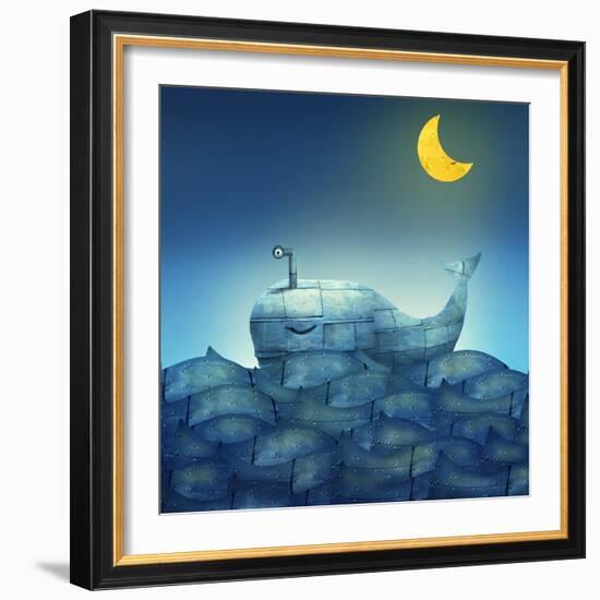 Surreal Illustration of a Mechanical Whale, like Submarine, in the Ocean with a Half Moon-Valentina Photos-Framed Art Print