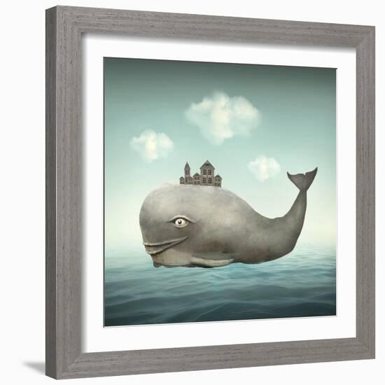 Surreal Illustration of a Whale in the Ocean with Some Houses in His Back-Valentina Photos-Framed Art Print