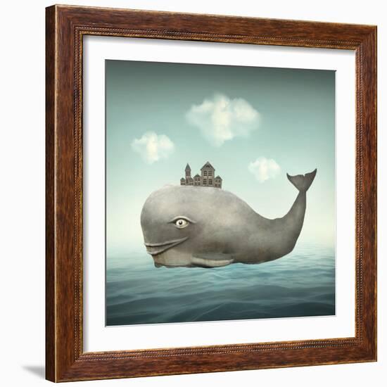 Surreal Illustration of a Whale in the Ocean with Some Houses in His Back-Valentina Photos-Framed Art Print