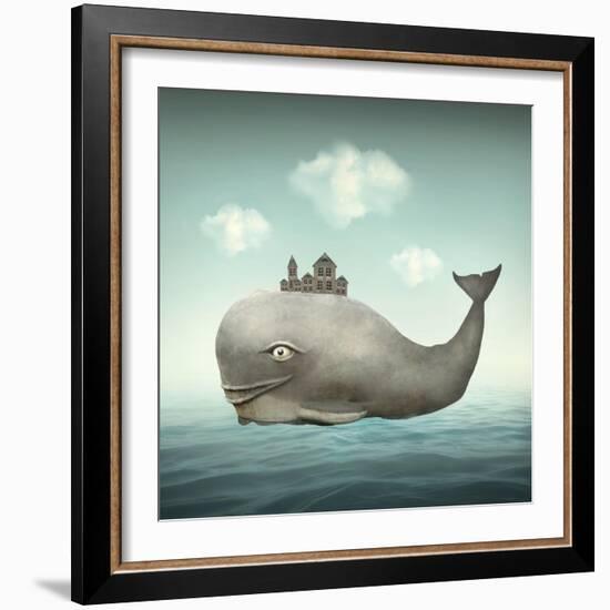Surreal Illustration of a Whale in the Ocean with Some Houses in His Back-Valentina Photos-Framed Art Print