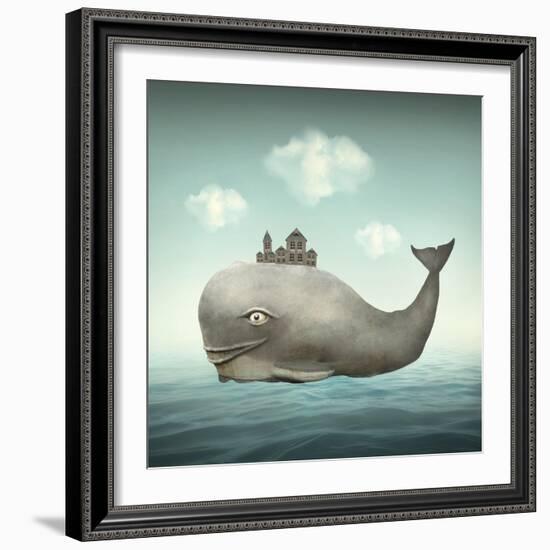 Surreal Illustration of a Whale in the Ocean with Some Houses in His Back-Valentina Photos-Framed Art Print