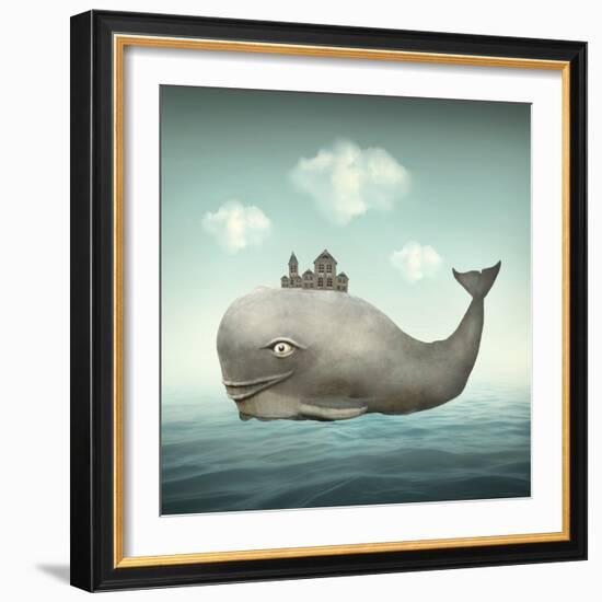 Surreal Illustration of a Whale in the Ocean with Some Houses in His Back-Valentina Photos-Framed Art Print