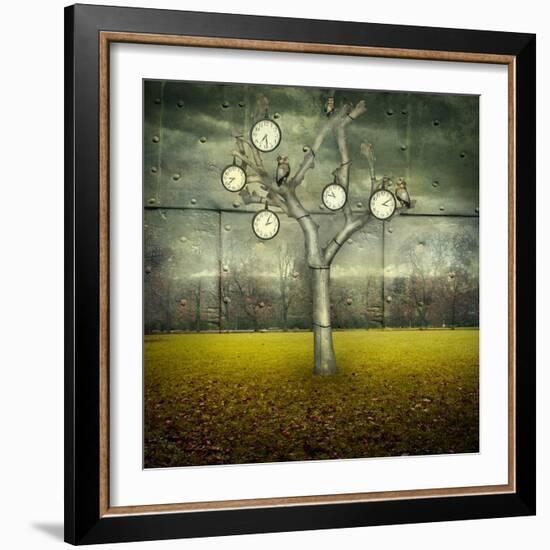 Surreal Illustration of Many Clock and Small Mechanical Owls on a Tree and Scattered in a Mechanic-Valentina Photos-Framed Art Print