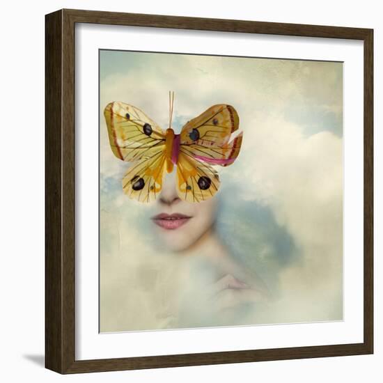 Surreal Image Representing a Female Portrait Shrouded in the Clouds with a Butterfly instead of Her-Valentina Photos-Framed Photographic Print