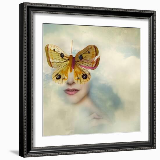 Surreal Image Representing a Female Portrait Shrouded in the Clouds with a Butterfly instead of Her-Valentina Photos-Framed Photographic Print