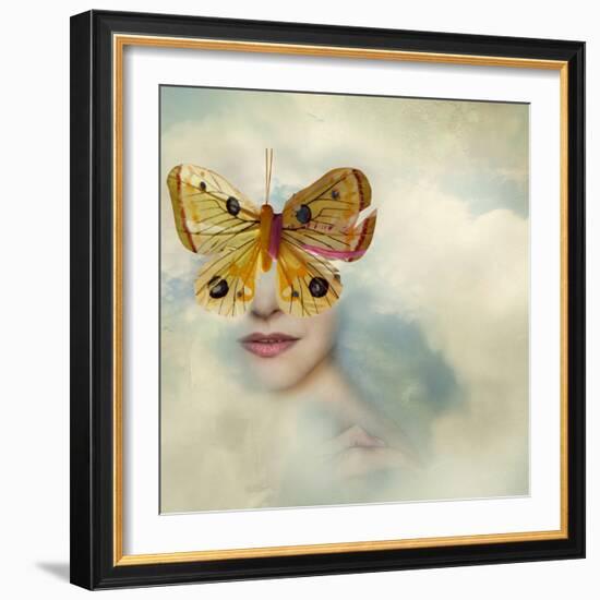 Surreal Image Representing a Female Portrait Shrouded in the Clouds with a Butterfly instead of Her-Valentina Photos-Framed Photographic Print