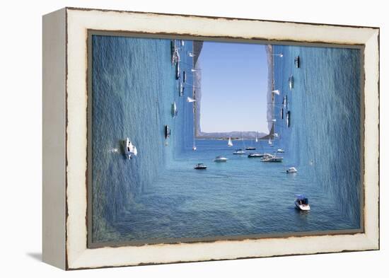 Surreal view on sunny blue sea with island and boats-Sinisa Plevnik-Framed Stretched Canvas