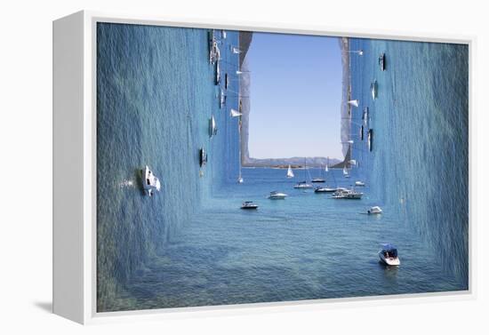 Surreal view on sunny blue sea with island and boats-Sinisa Plevnik-Framed Stretched Canvas