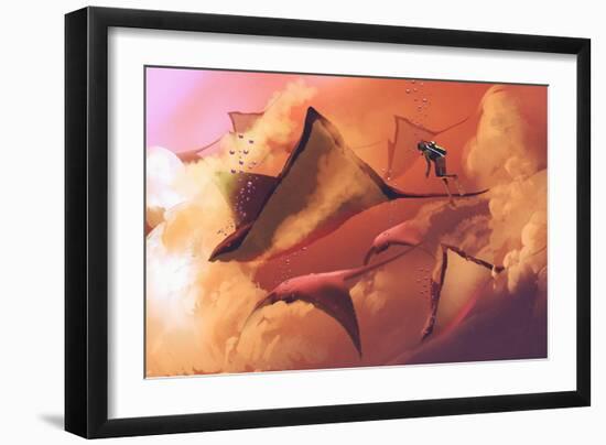 Surreal World Concept Showing Diver and Manta Rays Flying in the Cloudy Sky,Illustration Painting-Tithi Luadthong-Framed Art Print