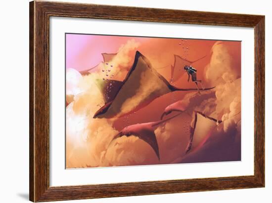 Surreal World Concept Showing Diver and Manta Rays Flying in the Cloudy Sky,Illustration Painting-Tithi Luadthong-Framed Art Print