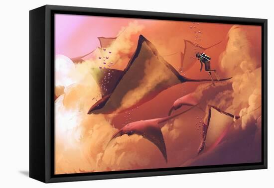 Surreal World Concept Showing Diver and Manta Rays Flying in the Cloudy Sky,Illustration Painting-Tithi Luadthong-Framed Stretched Canvas