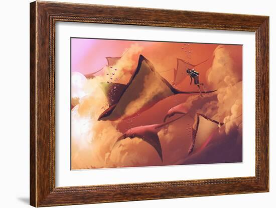 Surreal World Concept Showing Diver and Manta Rays Flying in the Cloudy Sky,Illustration Painting-Tithi Luadthong-Framed Premium Giclee Print