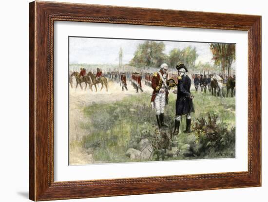 Surrender of British Commander Burgoyne to American General Gates at Saratoga, New York, c.1777-null-Framed Giclee Print