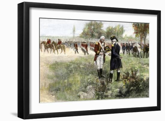 Surrender of British Commander Burgoyne to American General Gates at Saratoga, New York, c.1777-null-Framed Giclee Print