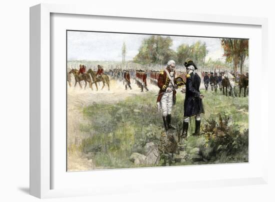 Surrender of British Commander Burgoyne to American General Gates at Saratoga, New York, c.1777-null-Framed Giclee Print