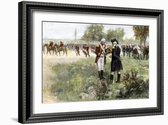 Surrender of British Commander Burgoyne to American General Gates at Saratoga, New York, c.1777-null-Framed Giclee Print