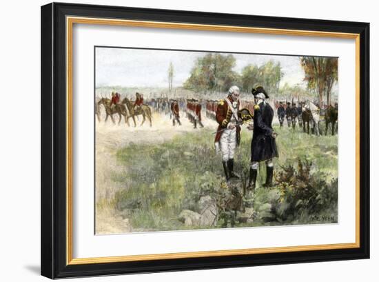 Surrender of British Commander Burgoyne to American General Gates at Saratoga, New York, c.1777-null-Framed Giclee Print