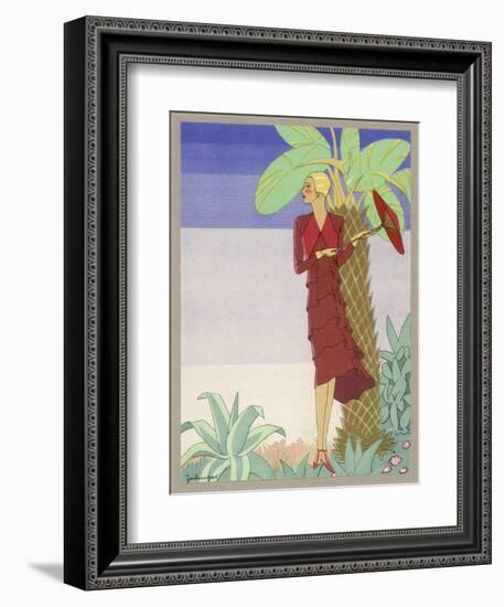 Surrounded by Exotic Vegetation She Stands Primly with Her Parasol-Zeilinger-Framed Art Print