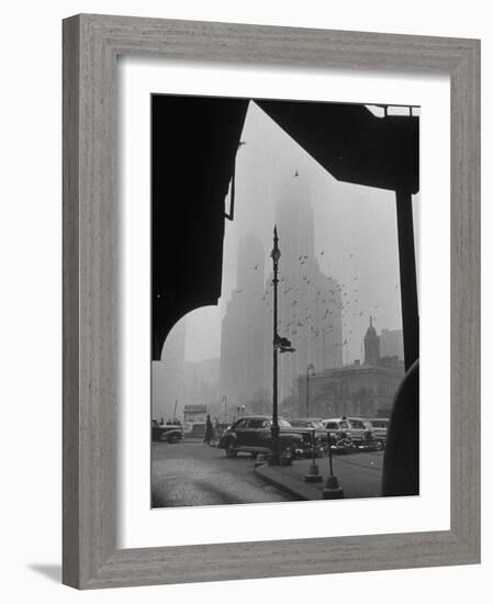 Surrounding the City in Fog, with City Hall and Woolworth Building in Background-Walter Sanders-Framed Photographic Print