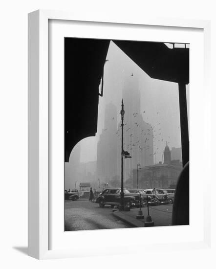 Surrounding the City in Fog, with City Hall and Woolworth Building in Background-Walter Sanders-Framed Photographic Print