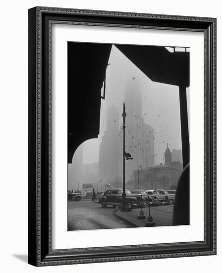 Surrounding the City in Fog, with City Hall and Woolworth Building in Background-Walter Sanders-Framed Photographic Print