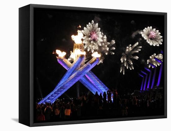 Surrounding the Olympic Flame as Fireworks Explode after the Opening Ceremony of 2010 Winter Games-null-Framed Premier Image Canvas