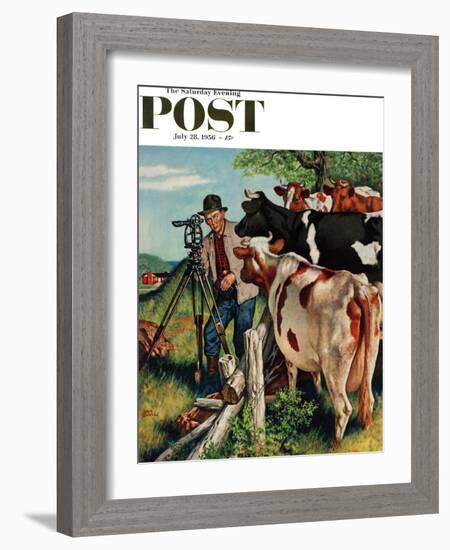 "Surveying the Cow Pasture" Saturday Evening Post Cover, July 28, 1956-Amos Sewell-Framed Giclee Print