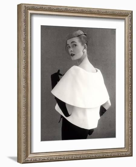 Susan Abraham in a John Cavanagh Tiered Evening Jacket, Dress and Hat, 1954-John French-Framed Giclee Print