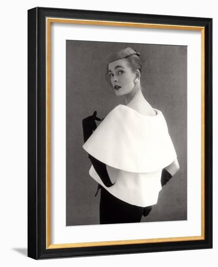 Susan Abraham in a John Cavanagh Tiered Evening Jacket, Dress and Hat, 1954-John French-Framed Giclee Print