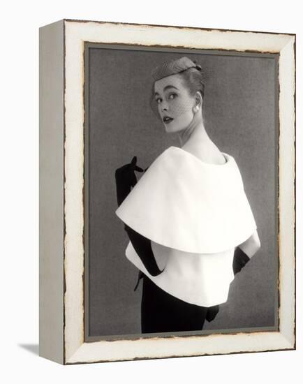 Susan Abraham in a John Cavanagh Tiered Evening Jacket, Dress and Hat, 1954-John French-Framed Premier Image Canvas