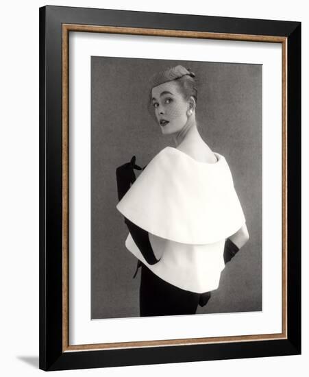 Susan Abraham in a John Cavanagh Tiered Evening Jacket, Dress and Hat, 1954-John French-Framed Giclee Print