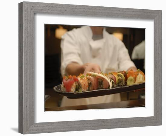 Sushi Chef Presents a Plate of Various Seafood Sushi, Japan, Asia-Aaron McCoy-Framed Photographic Print