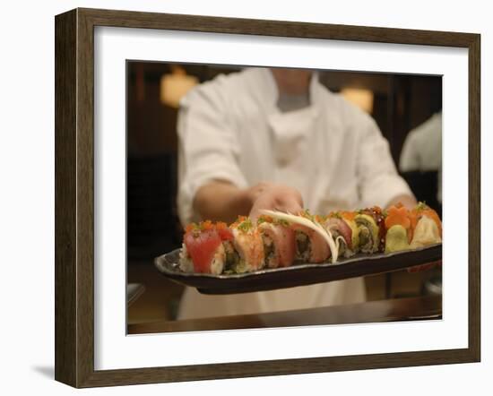 Sushi Chef Presents a Plate of Various Seafood Sushi, Japan, Asia-Aaron McCoy-Framed Photographic Print