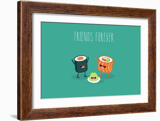 Sushi Roll and Wasabi. Japanese Food. Vector Cartoon. Friends Forever. Comic Characters.-Serbinka-Framed Art Print