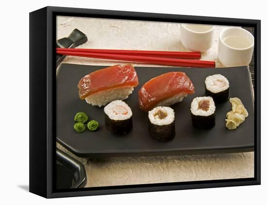 Sushi (Salmon Nigiri and Norimaki), Wasabi Cream and Pickled Sushi Ginger Slice, Japan-Nico Tondini-Framed Premier Image Canvas