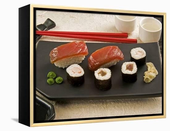 Sushi (Salmon Nigiri and Norimaki), Wasabi Cream and Pickled Sushi Ginger Slice, Japan-Nico Tondini-Framed Premier Image Canvas