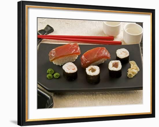 Sushi (Salmon Nigiri and Norimaki), Wasabi Cream and Pickled Sushi Ginger Slice, Japan-Nico Tondini-Framed Photographic Print