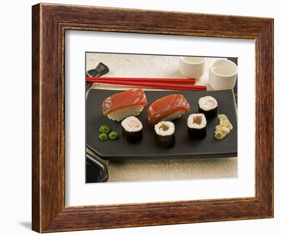 Sushi (Salmon Nigiri and Norimaki), Wasabi Cream and Pickled Sushi Ginger Slice, Japan-Nico Tondini-Framed Photographic Print